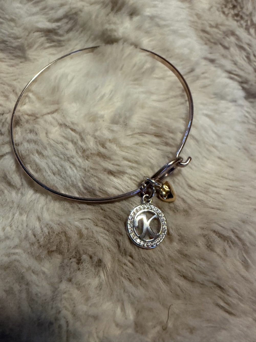 Silver Tone Charm Bangle Bracelet with Gold Heart Accent with the letter K
